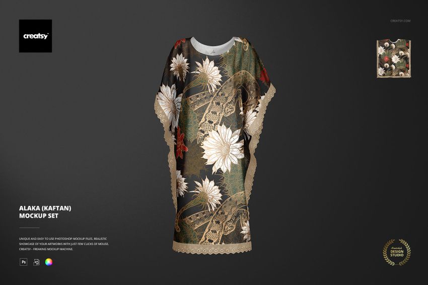 PSD mockup of a kaftan featuring large white flowers and beige lace trim, shown from the front against a black backdrop.