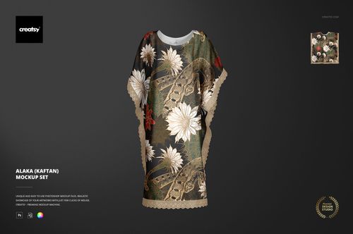 PSD mockup of a kaftan featuring large white flowers and beige lace trim, shown from the front against a black backdrop.