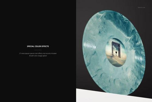 Blue marbled vinyl record mockup standing on a white pedestal, shown from the front with a dark backdrop.