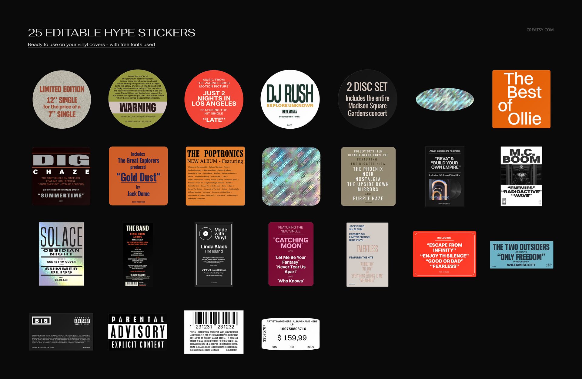 Collection of editable vinyl record mockup stickers in different styles, including circles, rectangles, and squares.