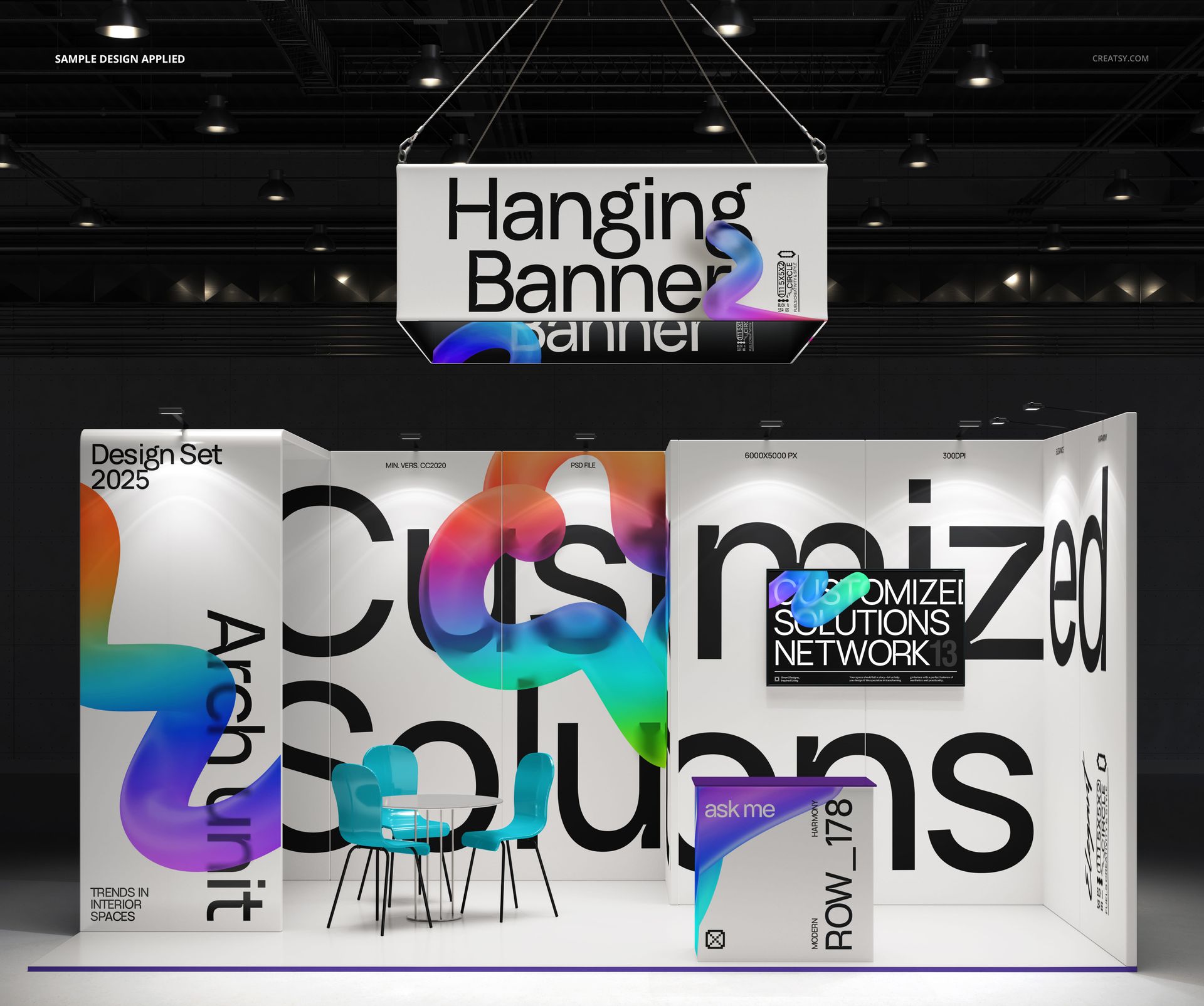 Trade show booth mockup with white walls, large black text, and colorful abstract shapes, front view in indoor hall.