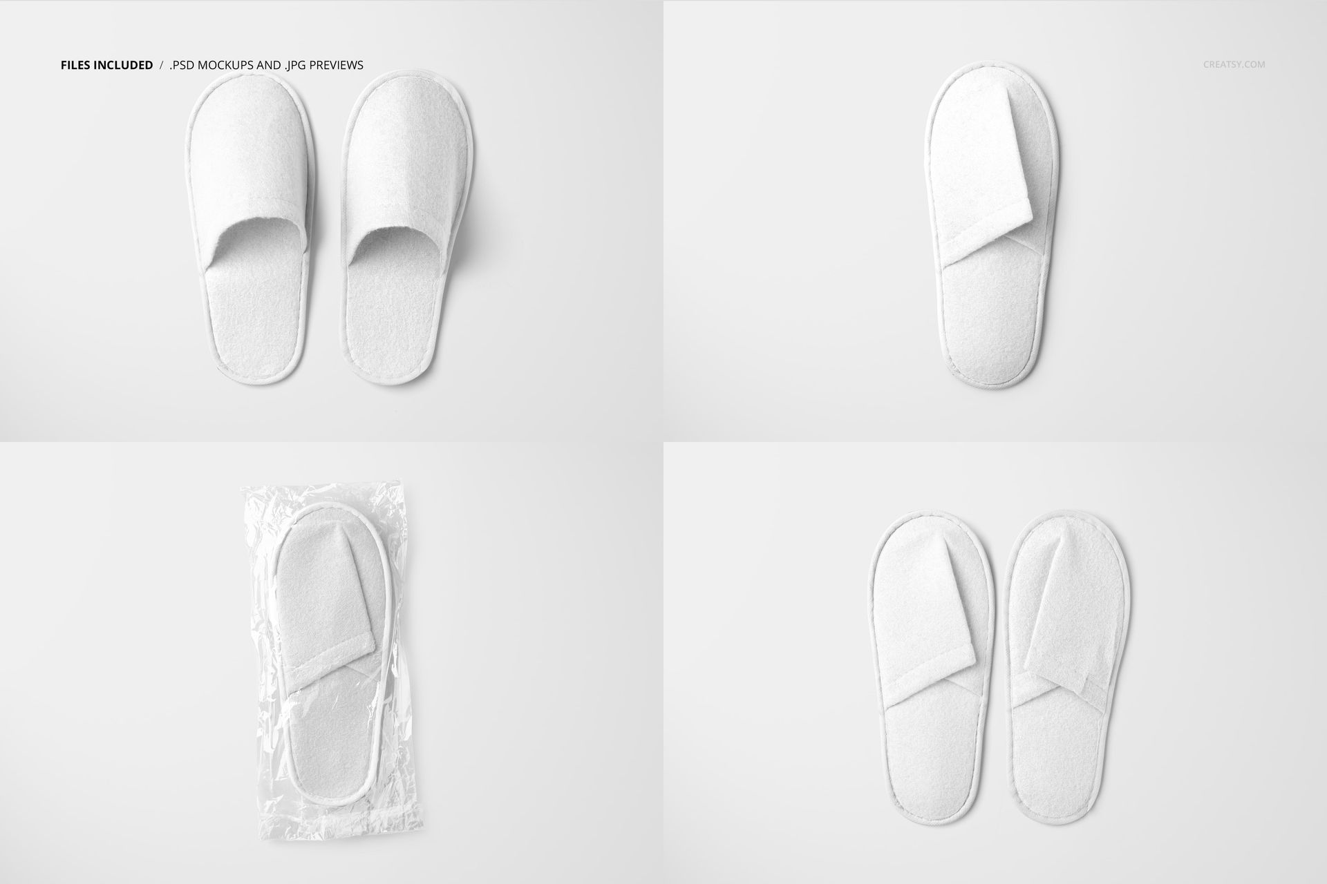 Hotel slippers mockup set showing four views of white slippers, including a pair, single slipper, and one in clear packaging.