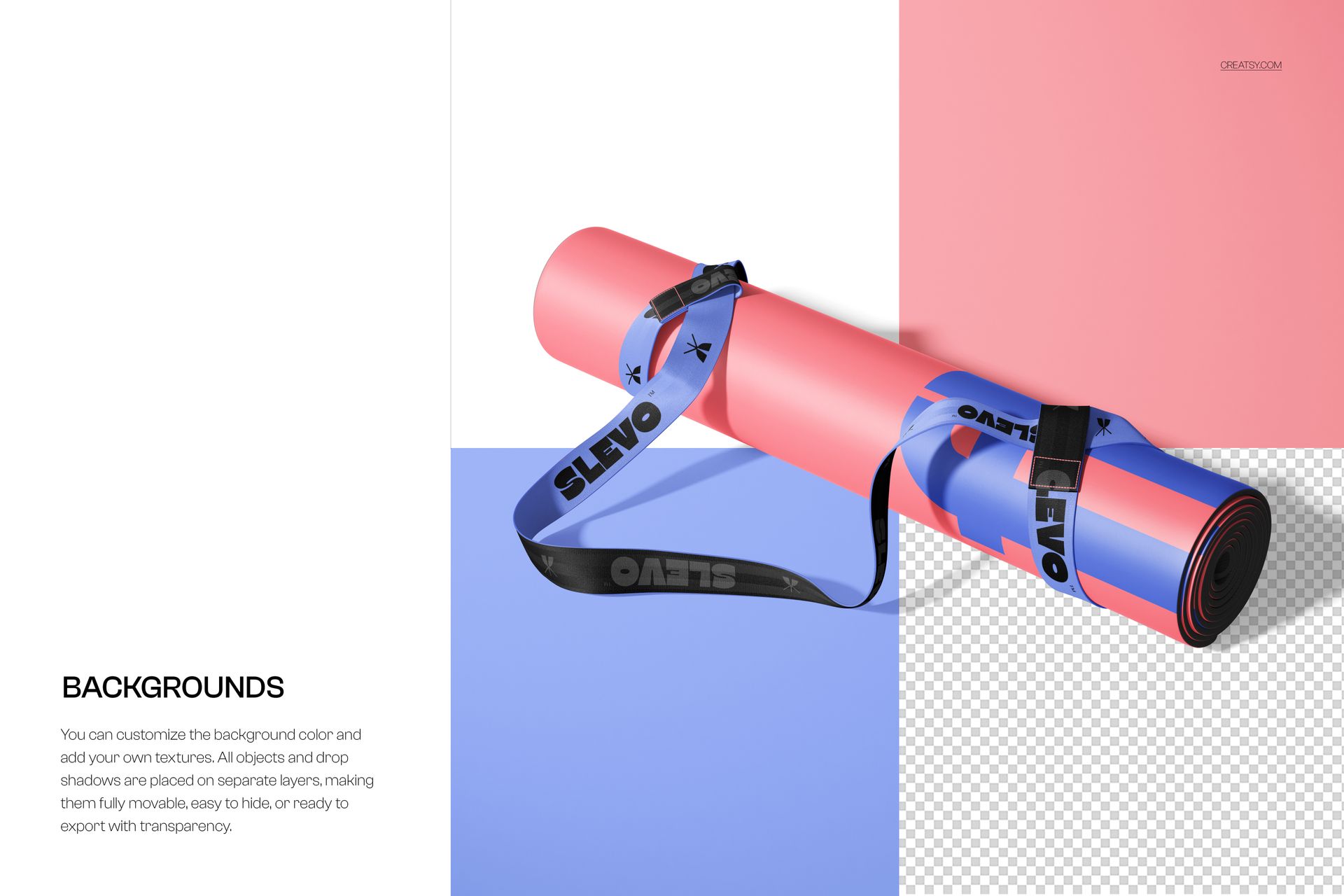 PSD mockup of a rolled PU oval yoga mat with attached strap, displayed against a pink and blue background.