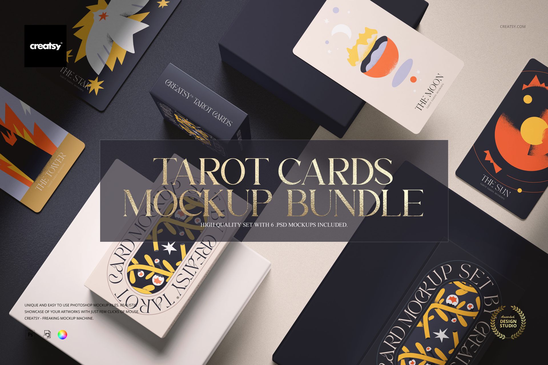 Assorted tarot cards featuring vibrant designs and symbols displayed with matching boxes in a mockup scene.
