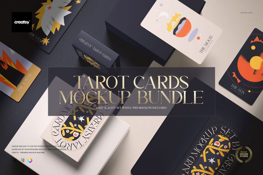 Assorted tarot cards featuring vibrant designs and symbols displayed with matching boxes in a mockup scene.