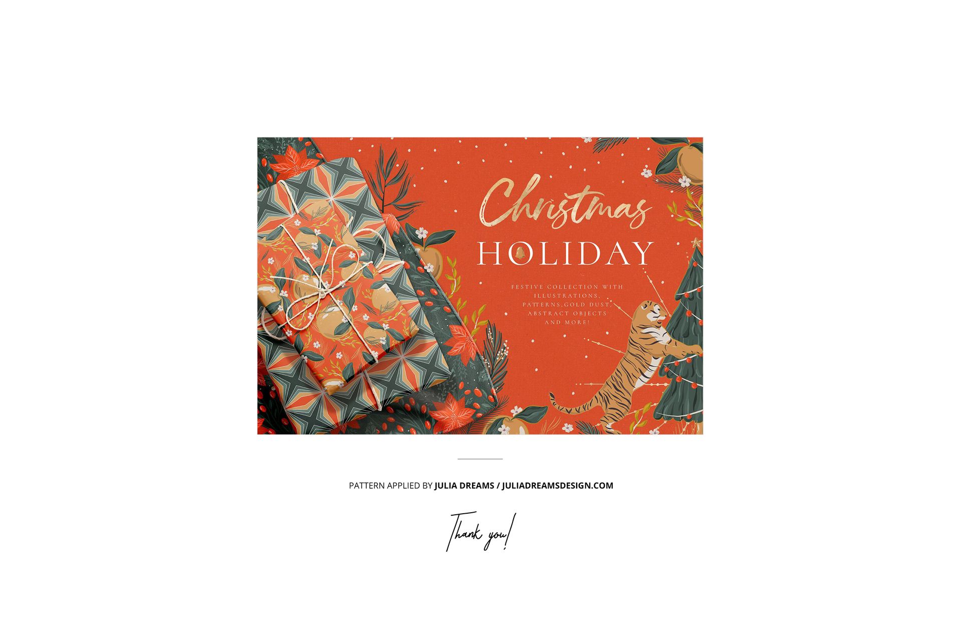 Front view of a stationery mockup set with an orange holiday card, patterned envelope, and festive illustrations.