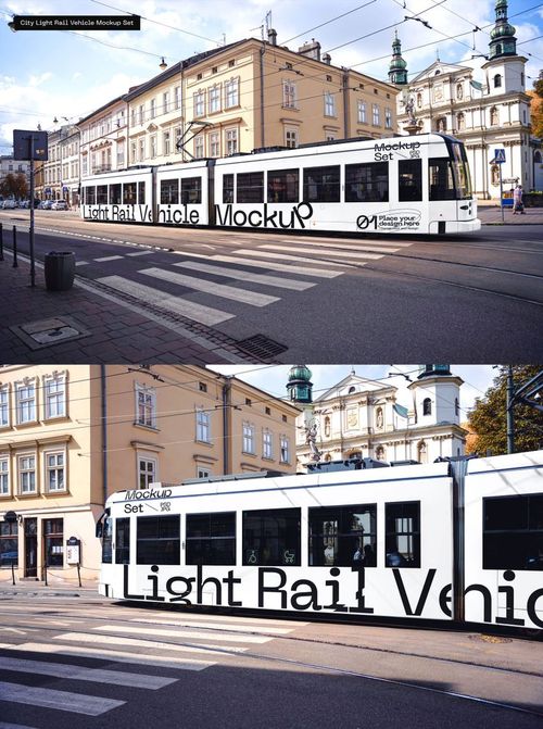 White light rail vehicle mockup with black text displayed on its side, shown on a city street with historic buildings.