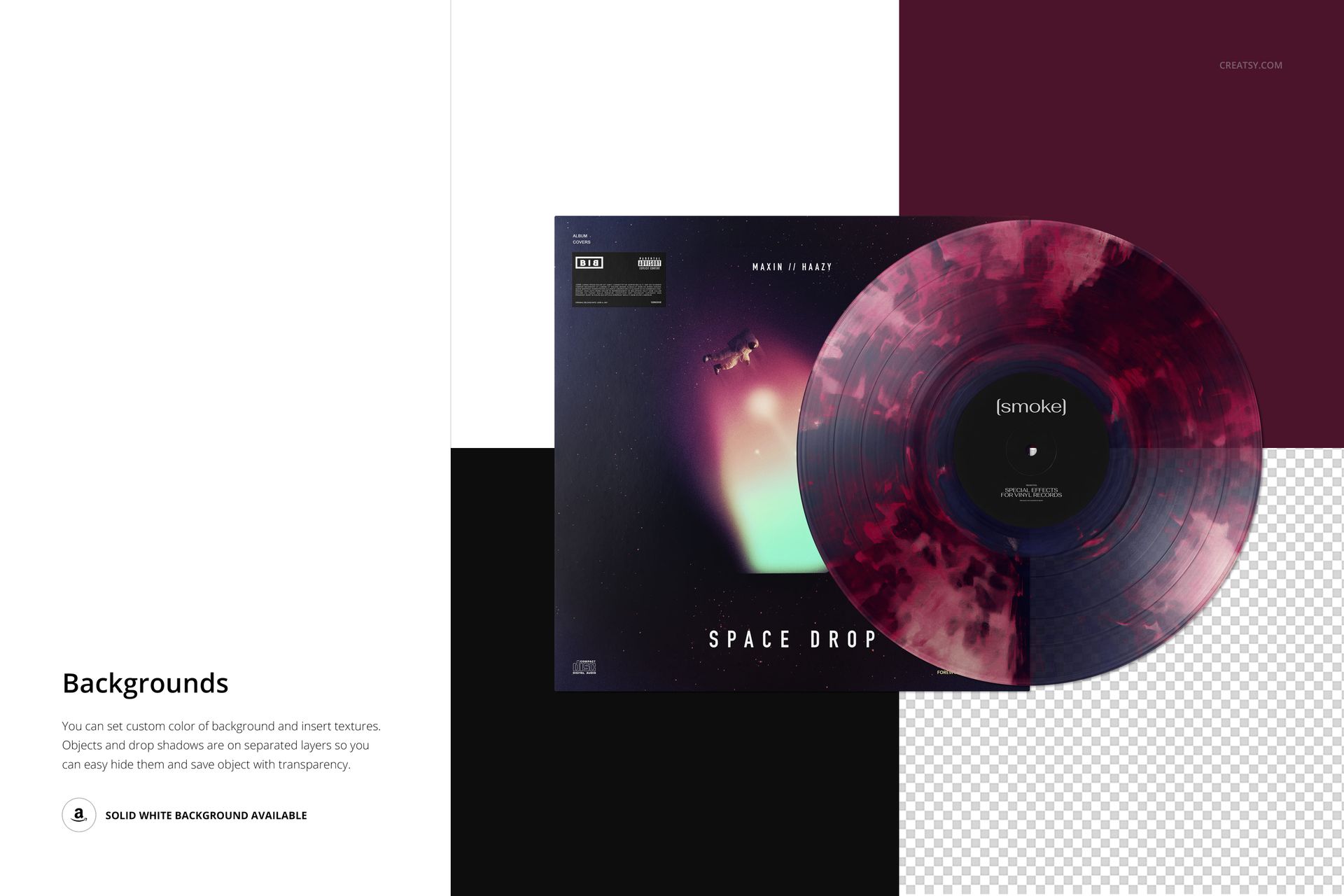 Front view of a vinyl record and cover mockup with a smoke effect, featuring a cosmic design and dark color scheme.