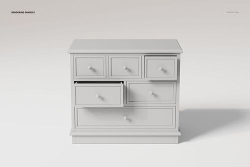 Front view of a raised panel chest of drawers in light gray, featuring six drawers with decorative knobs on a plain background.
