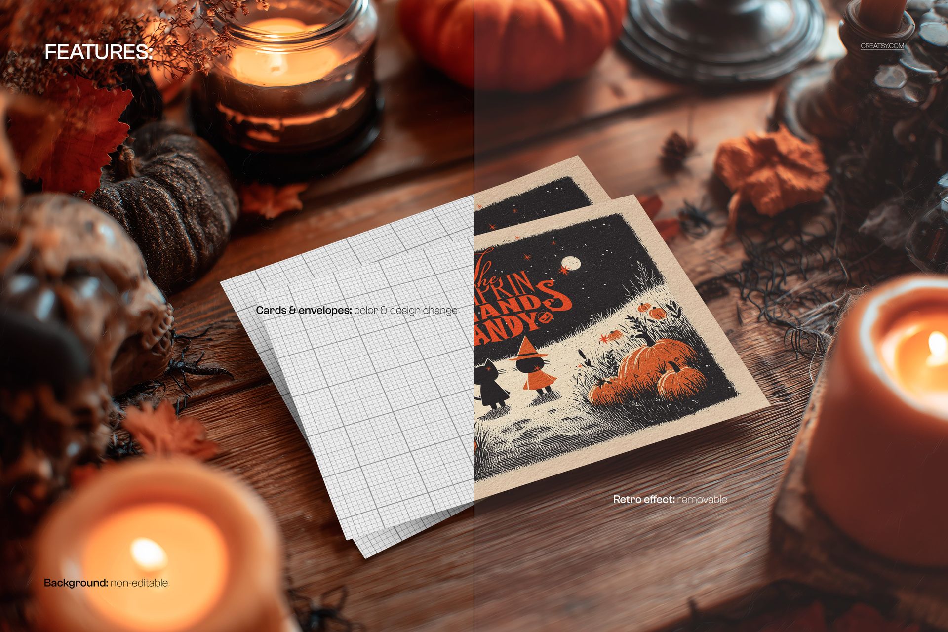 Halloween greeting cards mockup set with two cards on a rustic wooden table, surrounded by candles and pumpkins.