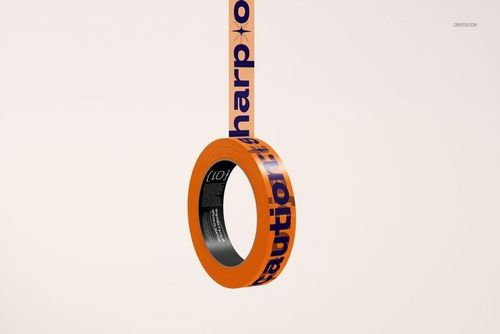 Mockup of a narrow duct tape roll in orange with blue text, displayed upright with tape extending upward.