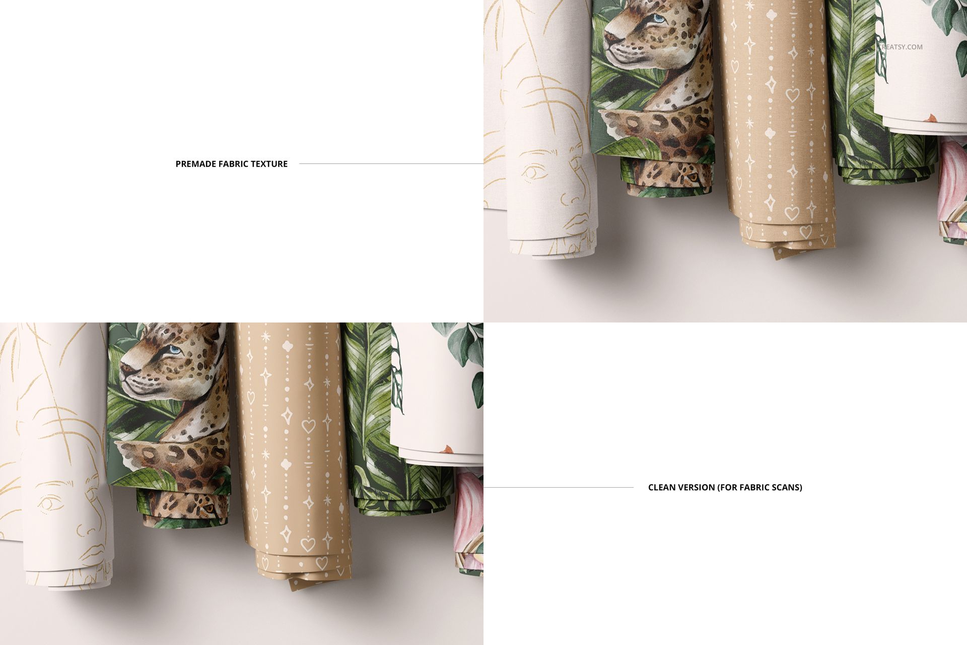 Front view of several fabric rolls with various patterns and colors, displayed in a fabric rolls PSD mockup scene.