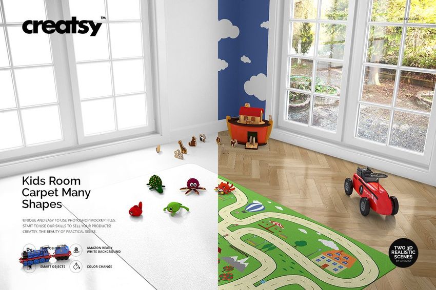 Kids room carpet mockup showing two carpet shapes, one with playful toys on a plain surface and one with a road pattern.