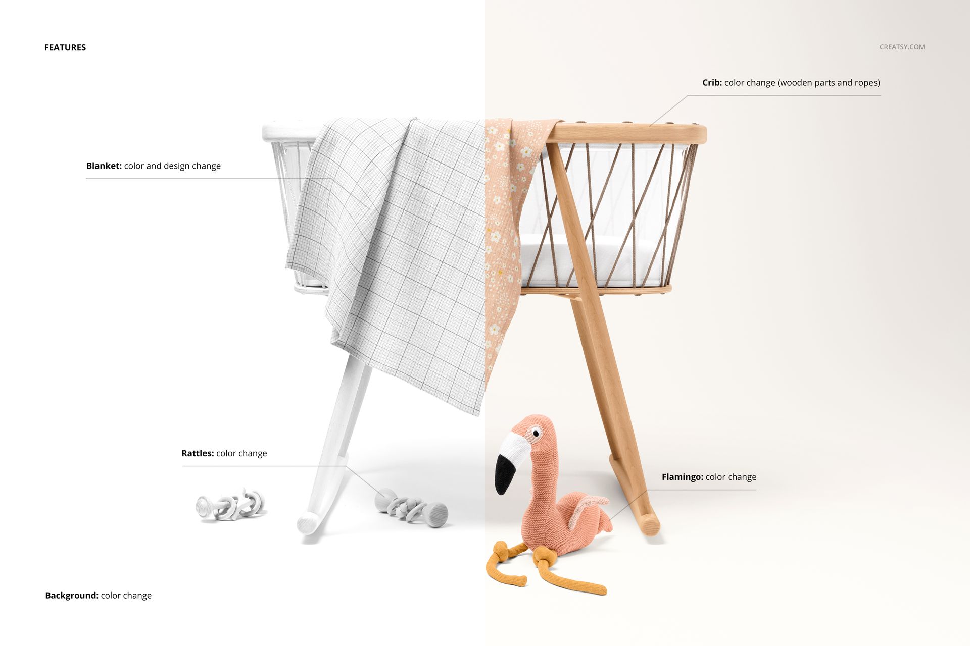 PSD mockup featuring a muslin swaddle blanket on a crib, with a split background and baby toys arranged nearby.