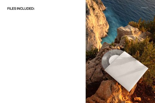 Top view of a translucent vinyl record mockup on a cliff edge, with sunlight and ocean in the background.