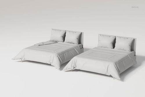 Front view of two modern bedding sets with pillows and duvets in a minimalist, light-colored room.