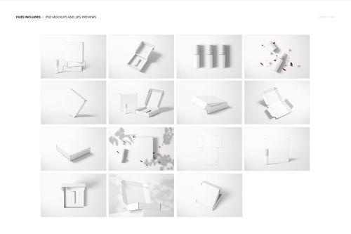 Set of cosmetic mailing box mockups shown in various angles and arrangements on a white background with soft shadows.