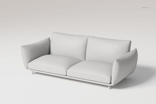 Modern linear sofa with soft cushions and wide armrests in a light gray color, front angled view on plain background.