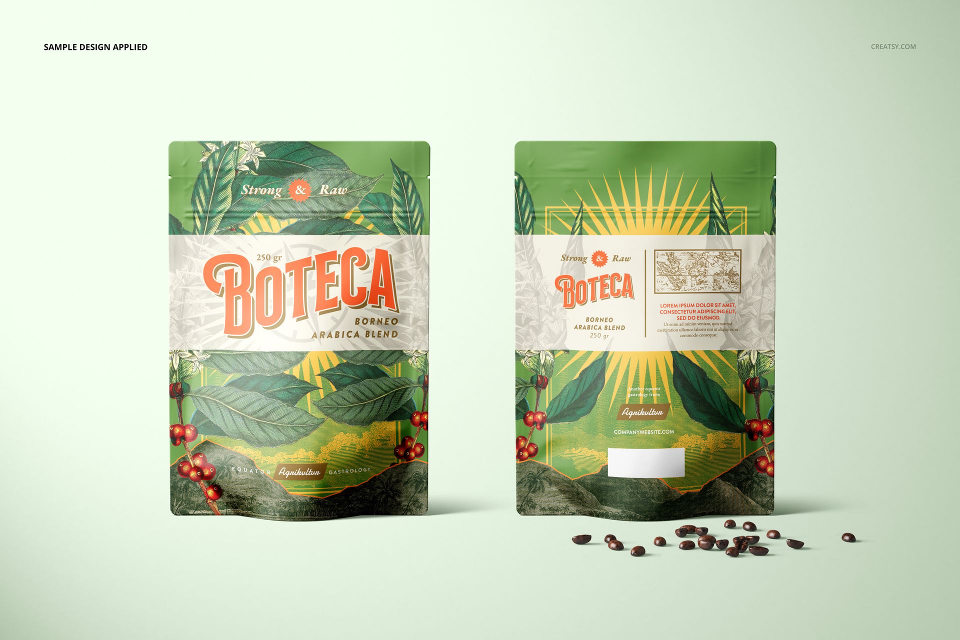 PSD mockup of doypack bag pouches with green foliage and coffee berry graphics, arranged on a pale background.
