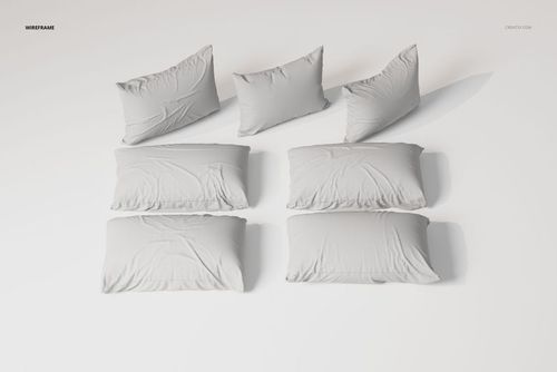 Rectangular sleeping pillows in light gray fabric arranged in two rows, shown from a top view on a white background.