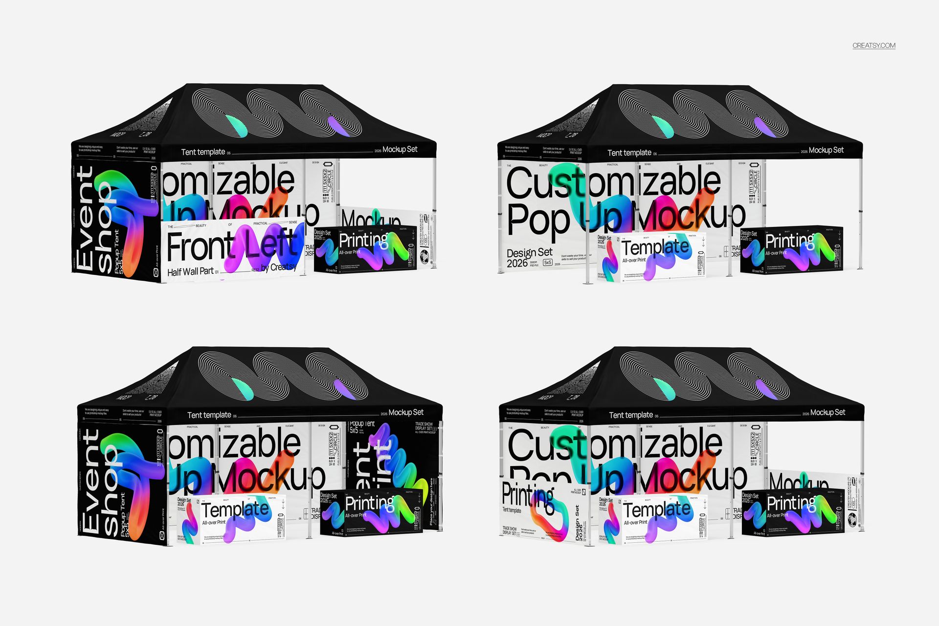 Pop up tent mockup showing four 10x20 tents with black tops and customizable side panels, front view.