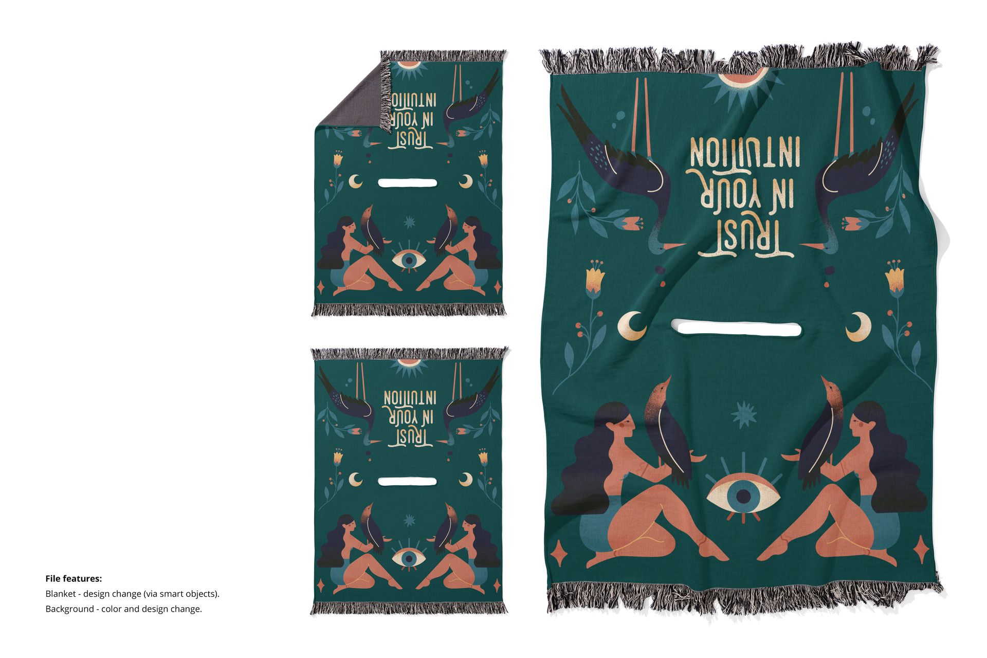 Woven poncho mockup featuring a dark teal textile with illustrated figures, moons, and stars, shown front and back.