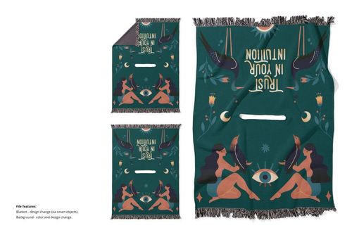 Woven poncho mockup featuring a dark teal textile with illustrated figures, moons, and stars, shown front and back.