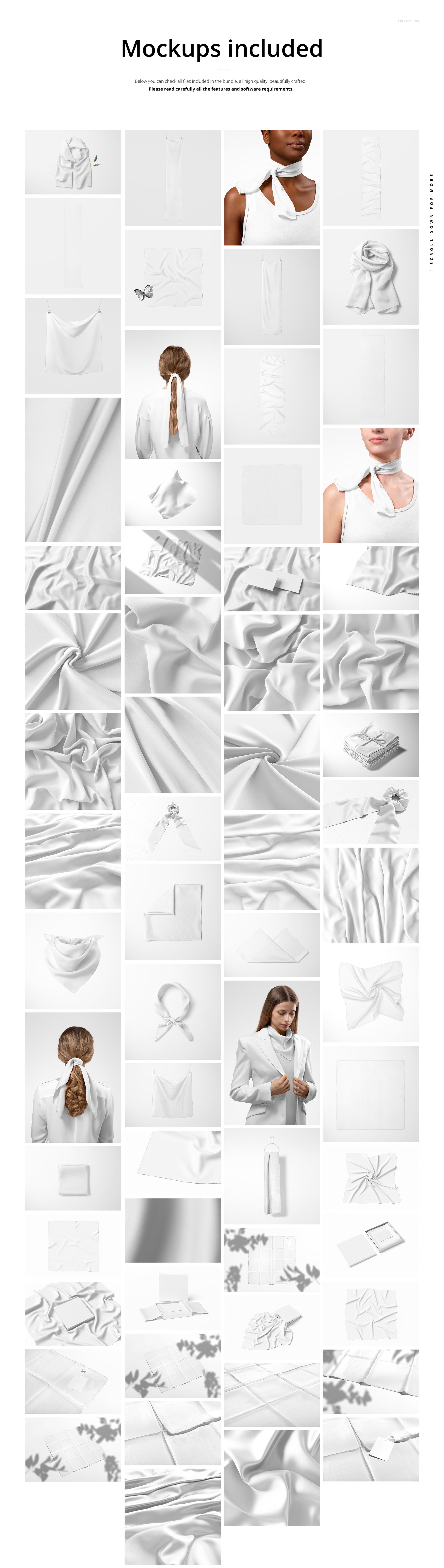 Collection of fabric mockups in various shapes and arrangements, featuring neutral white tones and soft textures.