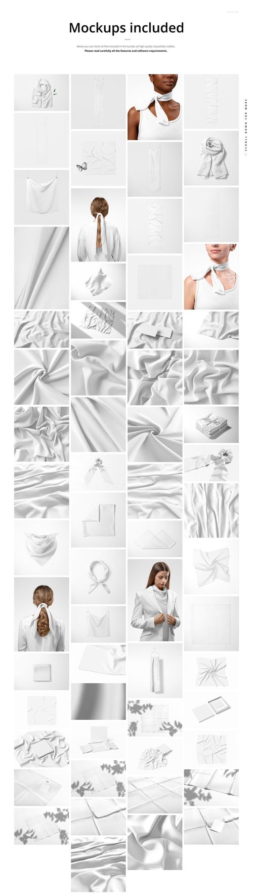 Collection of fabric mockups in various shapes and arrangements, featuring neutral white tones and soft textures.