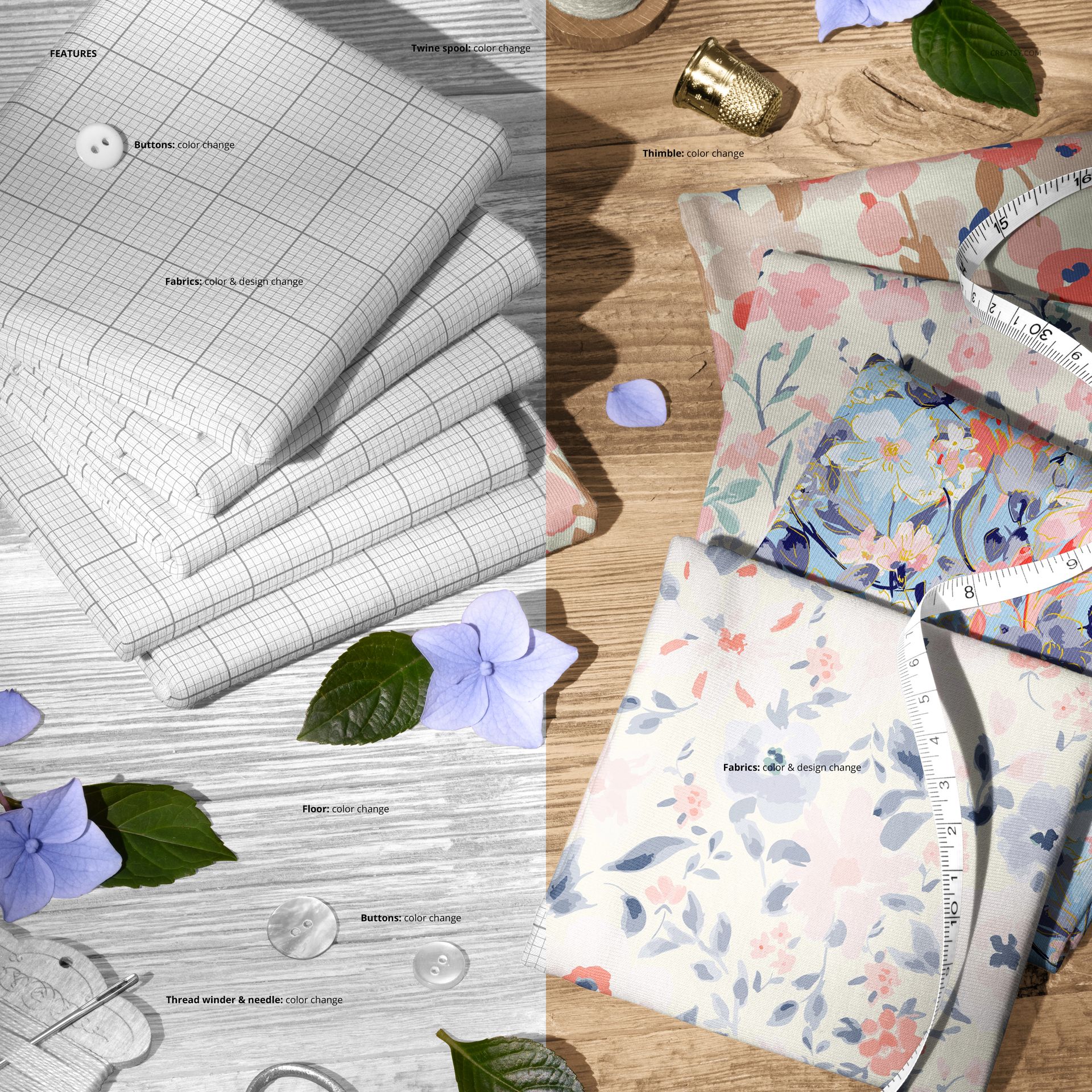 Jersey fabrics arranged on a wooden surface with scattered flowers, buttons, and a measuring tape in a mockup scene.