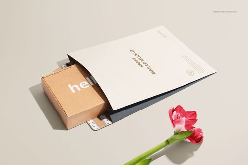 Kraft mailer envelope mockup with a cardboard box partially inside, shown from an angled top view on a beige surface.