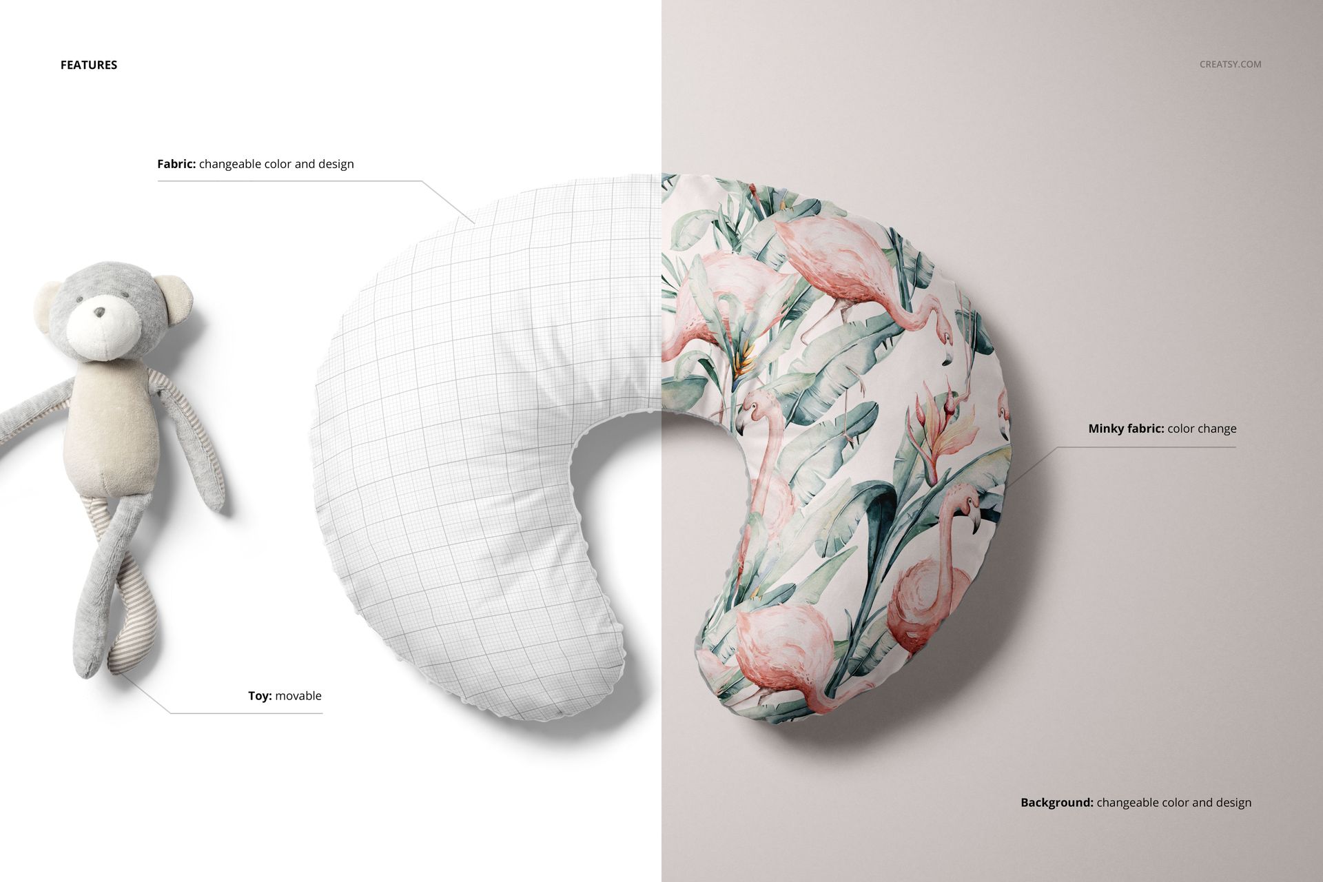 Mockup of a crescent-shaped nursing pillow cover featuring a soft toy and two distinct fabric designs, top view.