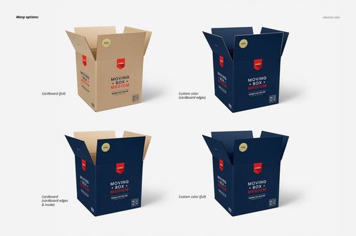 Four moving box mockups shown from a front angle, featuring cardboard and custom color options on a white background.
