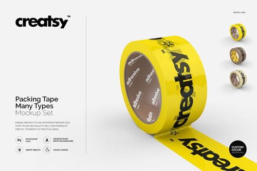 Assorted packing tape mockup set with close-up of yellow tape roll featuring bold black lettering and side rolls.