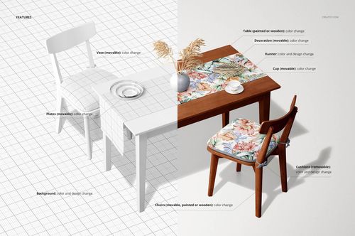 Table runner mockup set showing a 40x180cm runner with floral design on a wooden table, side-by-side with editable features.
