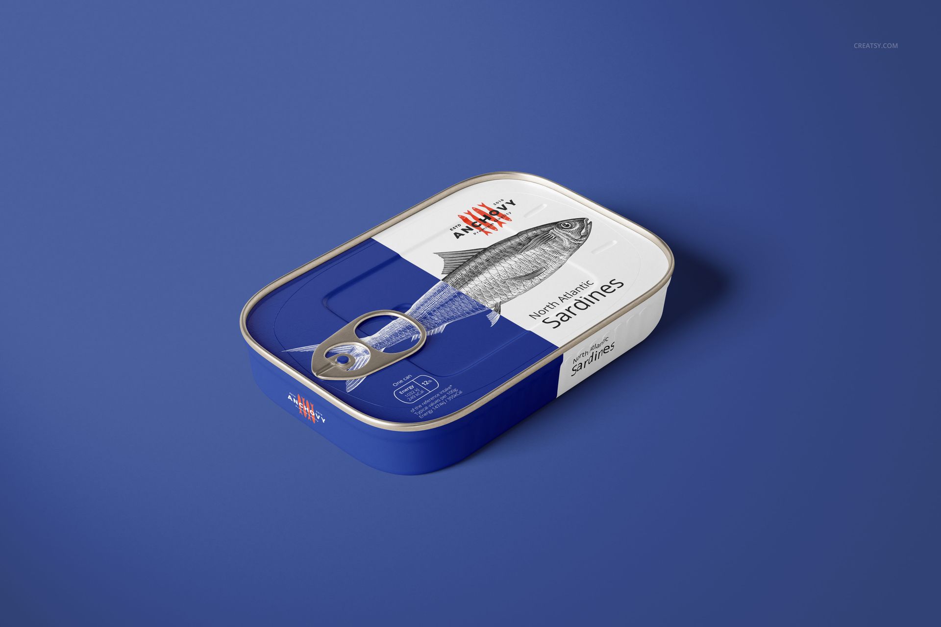 Sardine fish tin can mockup displaying a realistic metal container with blue and white label, angled front view.