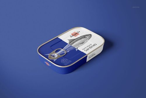 Sardine fish tin can mockup displaying a realistic metal container with blue and white label, angled front view.
