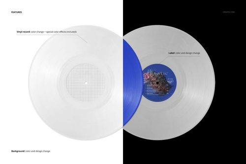 Mockup of vinyl records in white and blue, shown from above with customizable labels on a divided background.