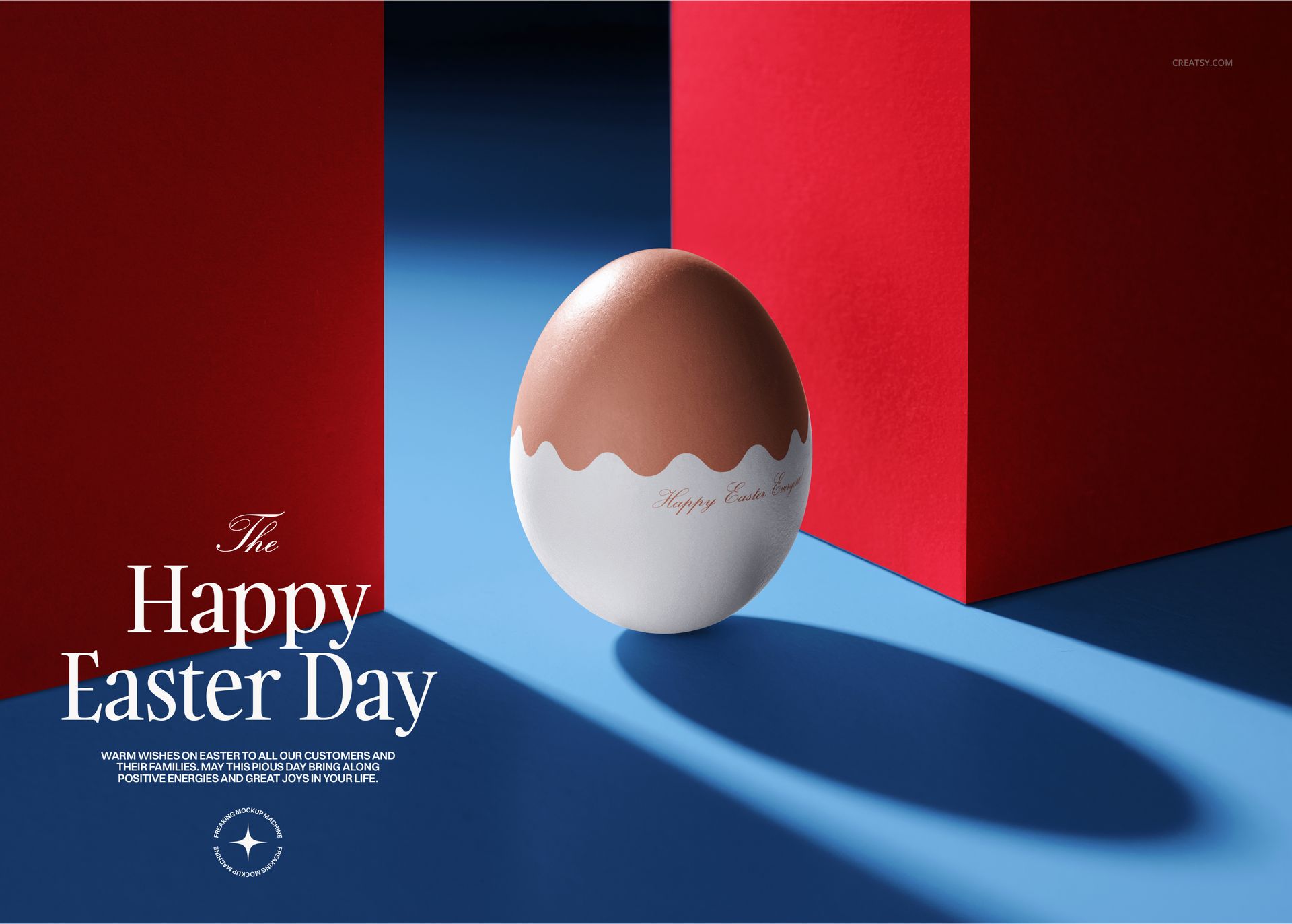 Easter egg card mockup featuring a round egg with brown and white design, placed on a blue surface with red blocks.