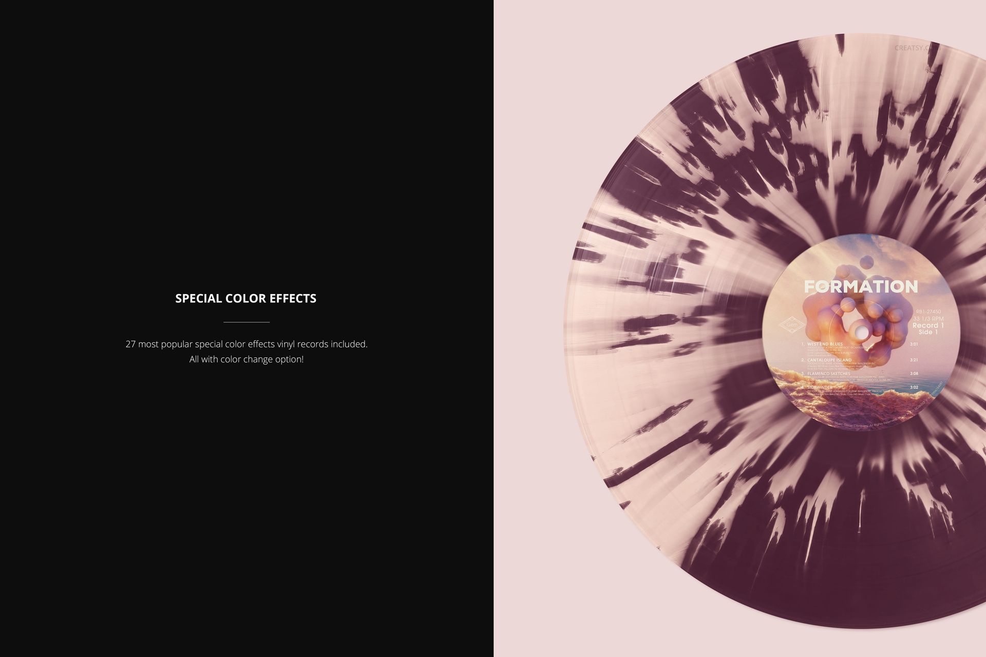 LP record mockup with a striking black and beige splatter effect, presented from above on a light backdrop.