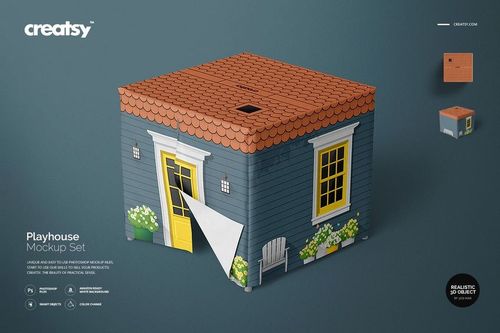 Children's playhouse mockup featuring a cube shape, blue siding, orange roof, and decorative front door with plants.