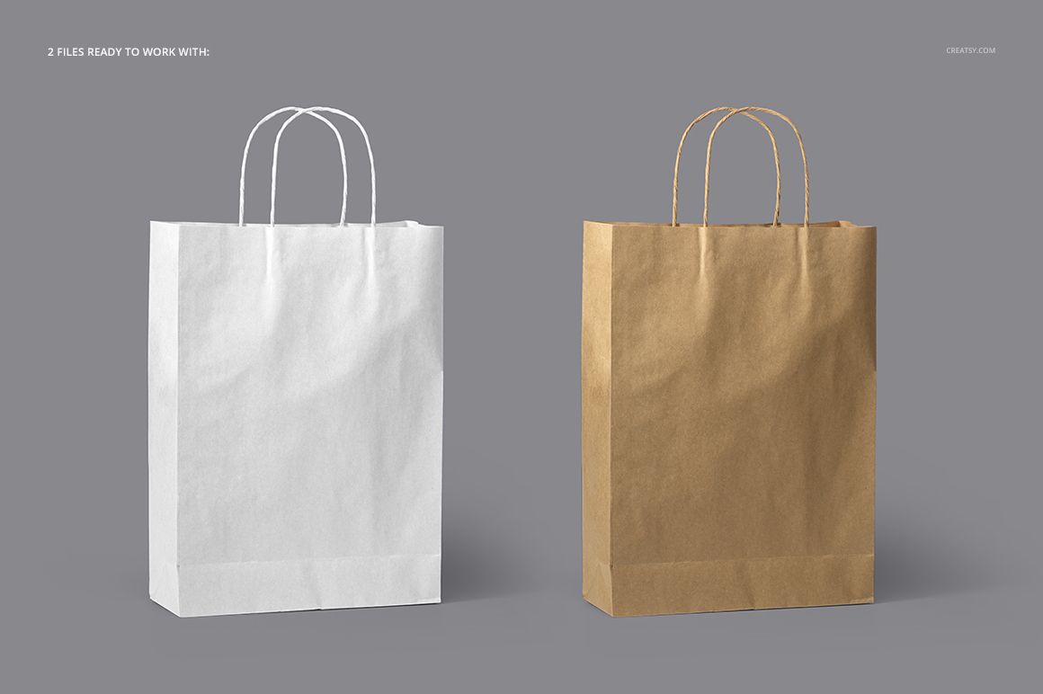 Paper Bag Mockup Set showing a white and a brown paper bag side by side, both with handles, on a neutral backdrop.