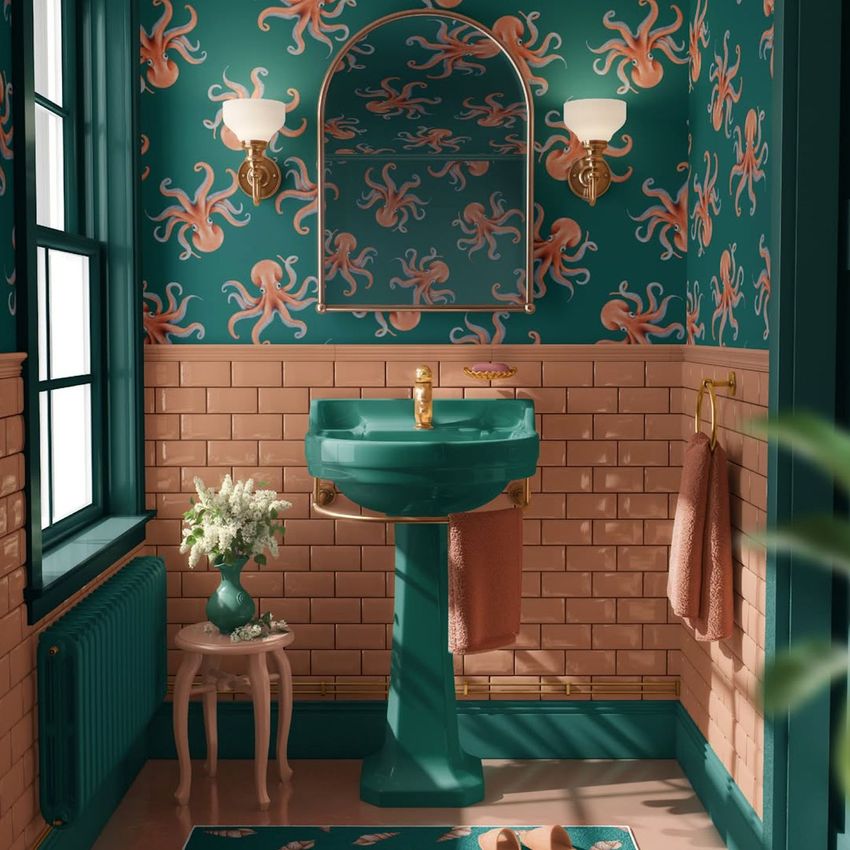 Vintage bathroom mockup with teal and peach octopus wallpaper, green pedestal sink, gold fixtures, and a floral arrangement on a side table.