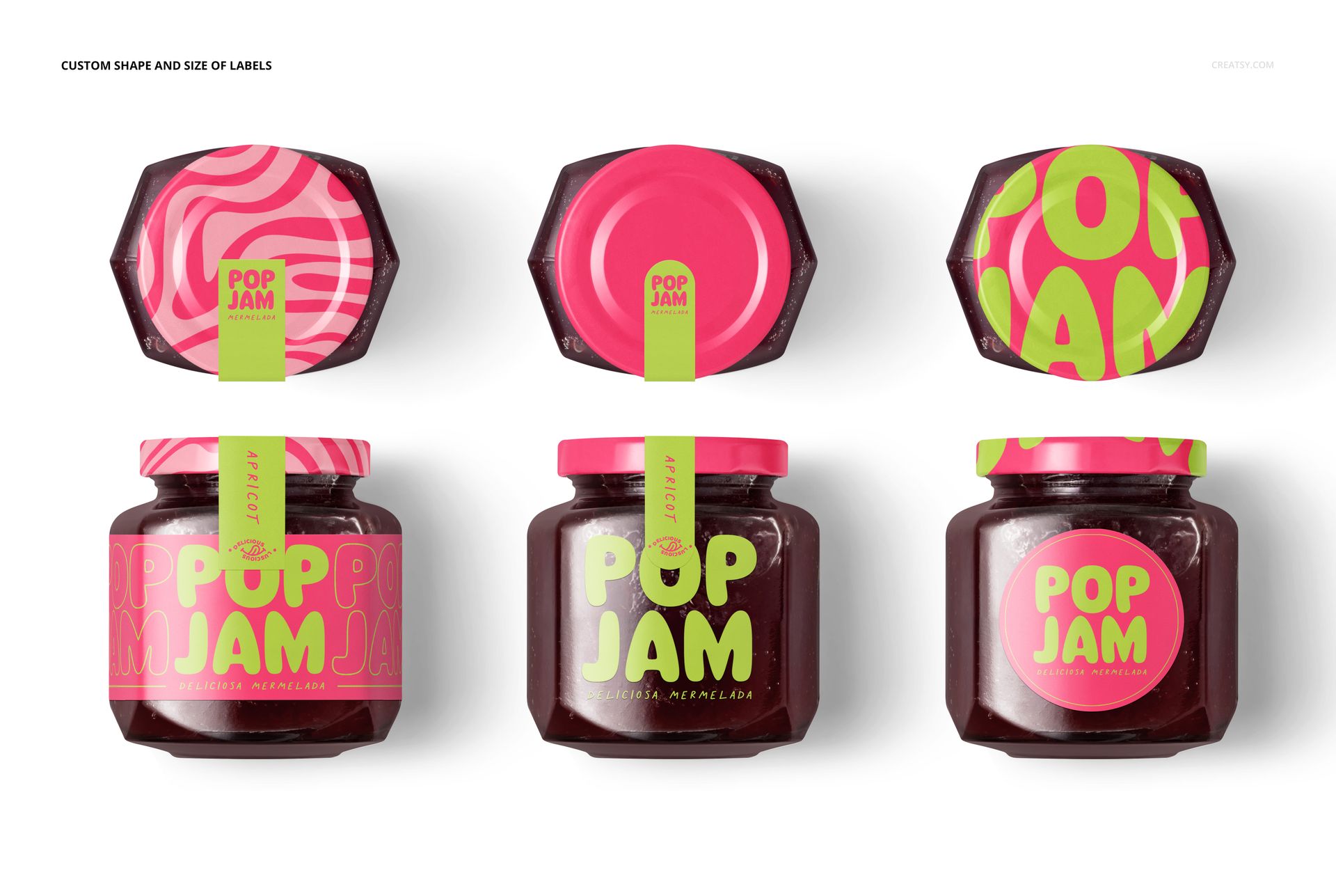 Front and top views of blackberry jam jars with bright pink and green labels, shown in a PSD mockup set.