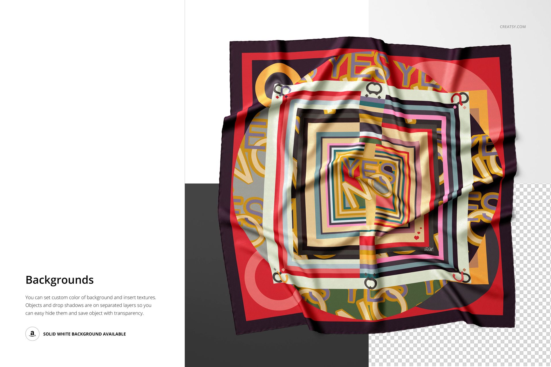 Twill silk scarf mockup featuring a vibrant multicolor design with bold borders, shown from a top view on a neutral surface.