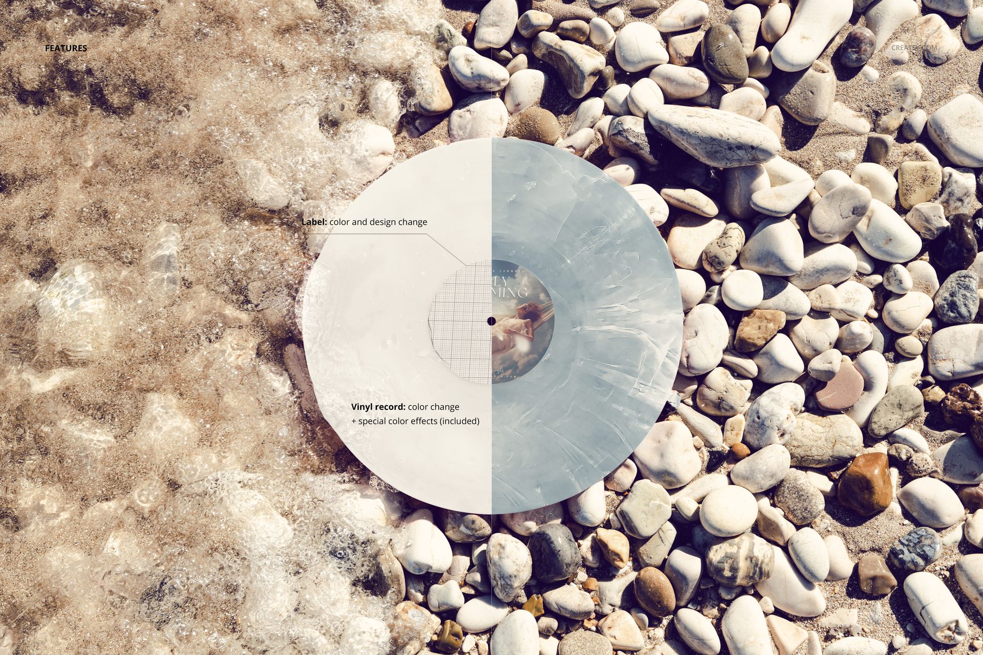 PSD mockup of a vinyl record featuring color effects, positioned between foamy shoreline and pebble-covered beach.