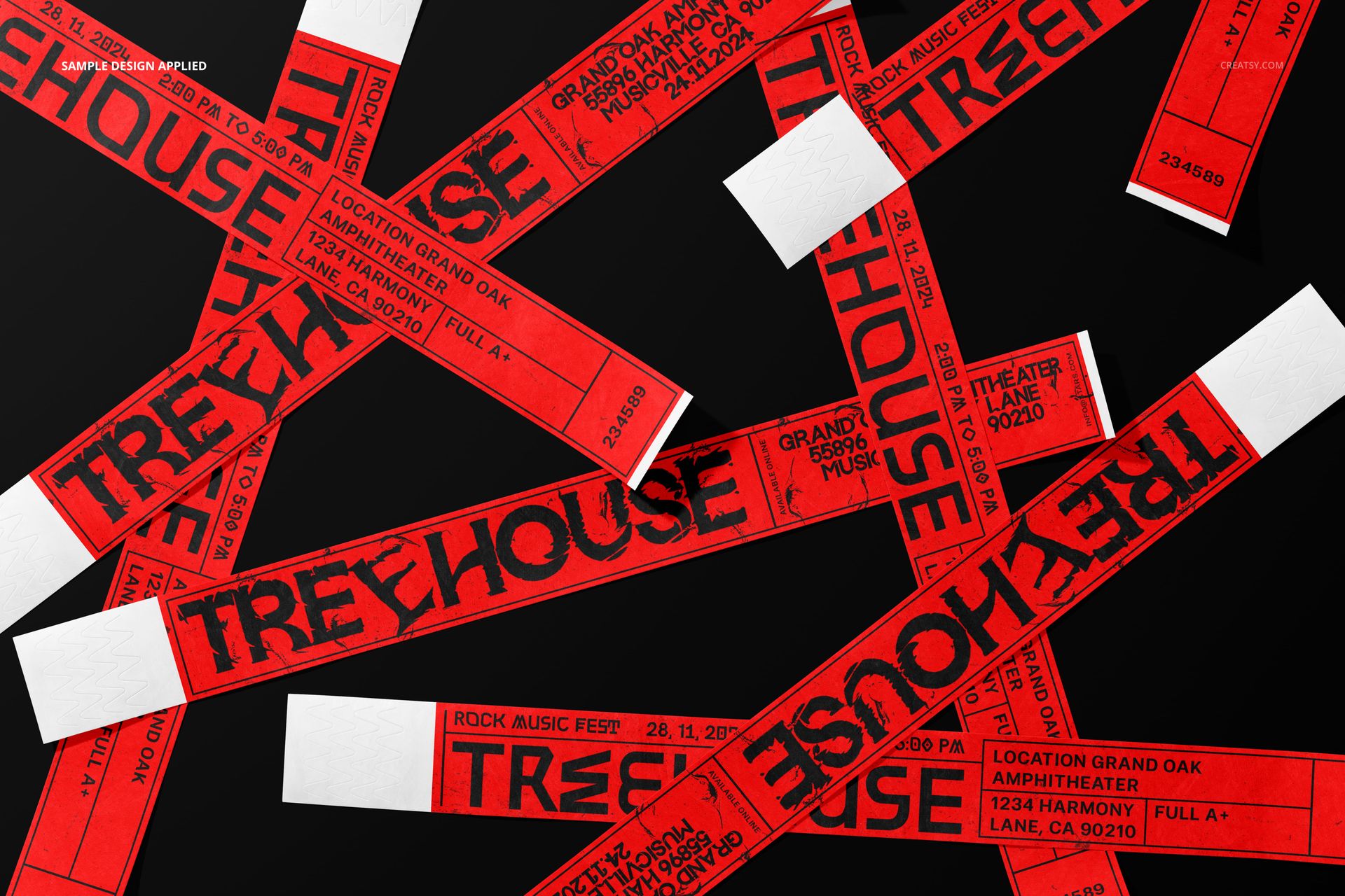 Scattered red paper wristbands with bold black text displayed on a dark surface, shown in a front view mockup.
