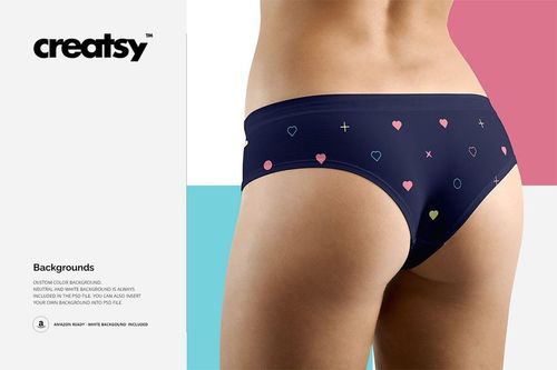 PSD mockup of women's briefs featuring a navy base with multicolored hearts and crosses, modeled from a rear view.