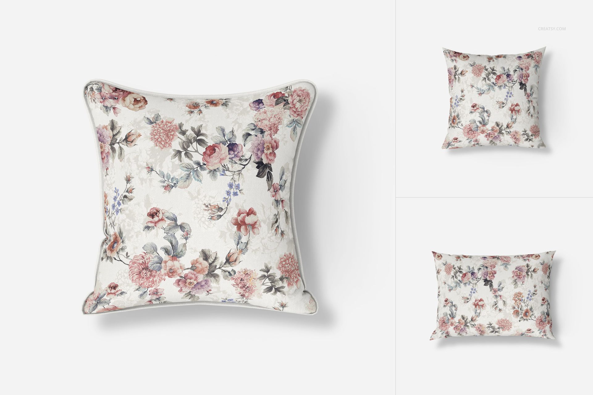 PSD mockup of a cushion featuring a detailed flower design in soft colors, displayed on a plain white backdrop.
