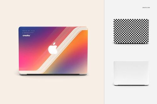 Macbook case mockup set showing three designs: a colorful gradient pattern, a black and white checkerboard, and a plain white cover.